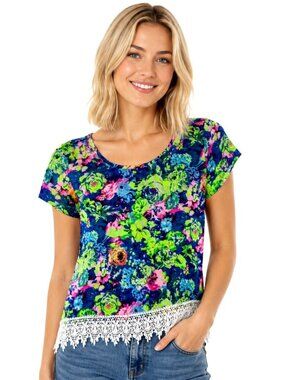Primi Neon Green Pink Blue Floral Crochet Hem SS Top